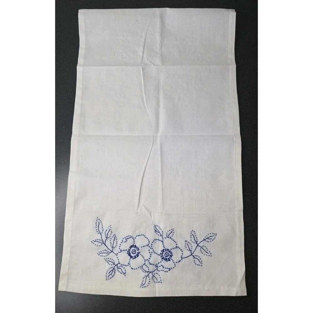 Vintage Hand-Embroidered Floral Linen Table Runner Cottage Granny Core
